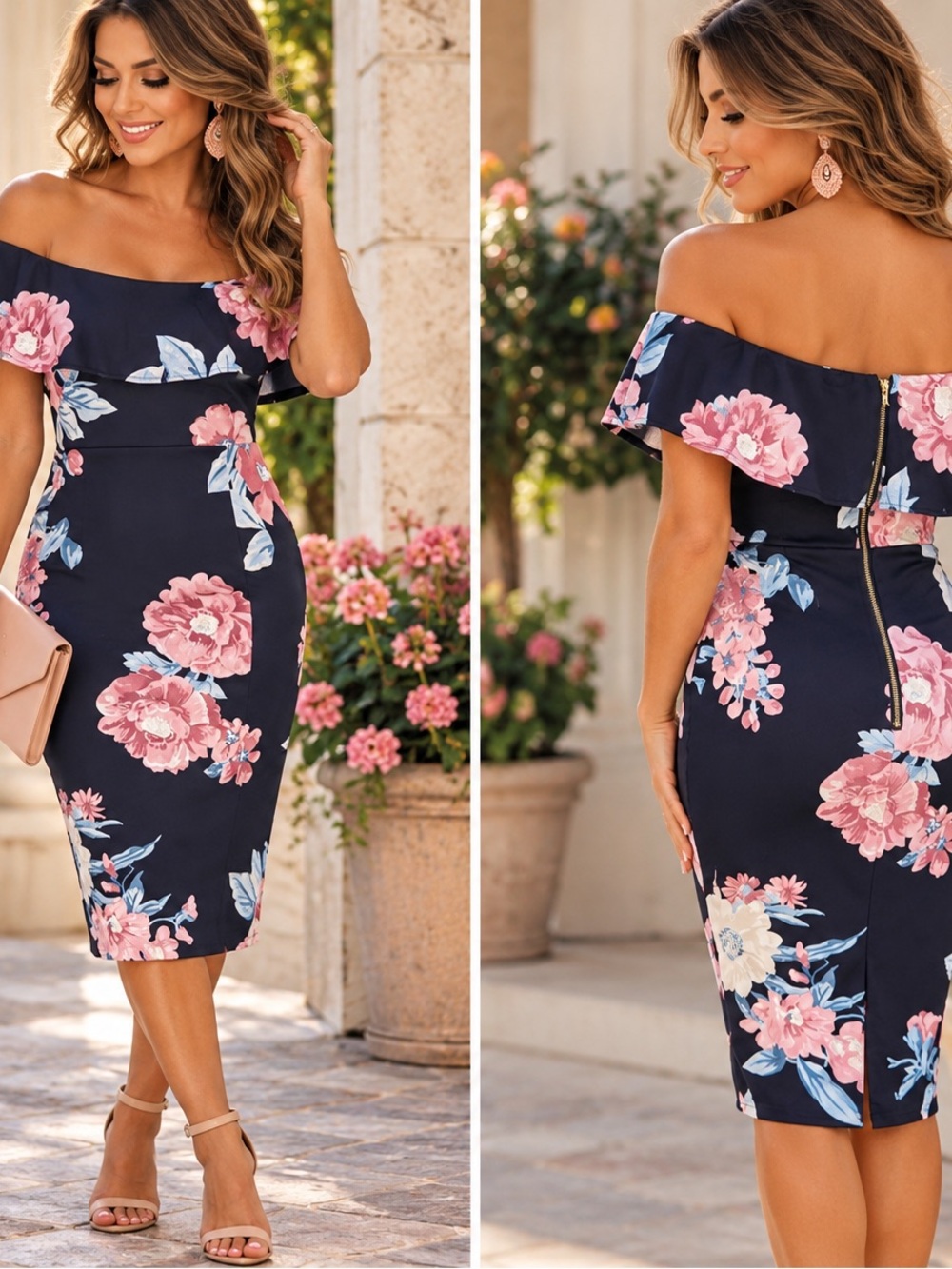NWT Premier Amour Floral Off Shoulder Midi Dress Size 4 Navy Pink Blue Romantic